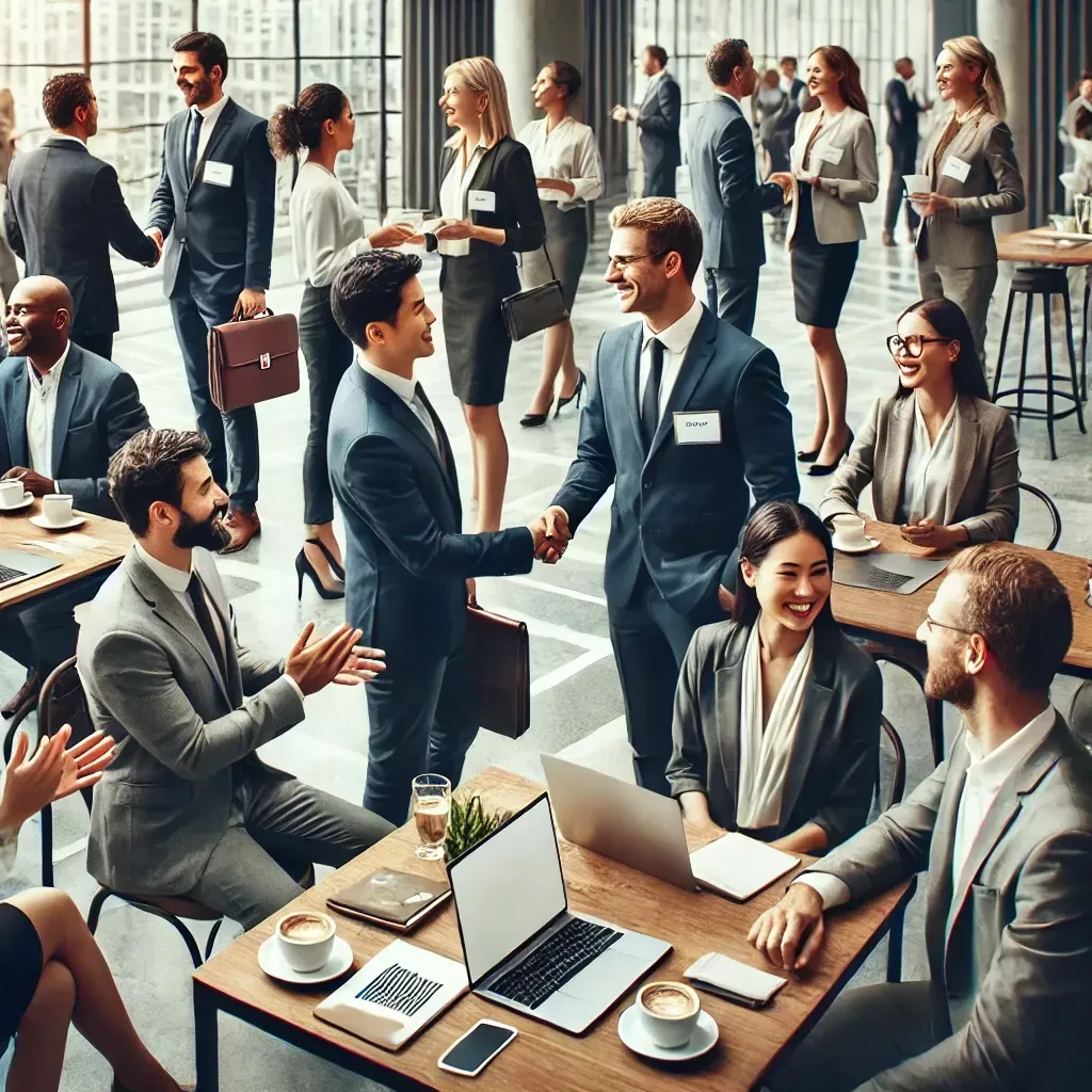 an image representing a professional networking event with individuals from diverse backgrounds engaging in conversation and building meaningful connections. The scene captures the essence of collaboration, opportunity, and growth—ideal for showcasing the power of networking in career advancement.