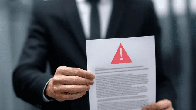 Business professional in a suit holding a document marked with a red warning triangle and exclamation point, symbolizing red flags, compliance risks, insurance irregularities, and potential workers’ compensation or staffing fraud issues.