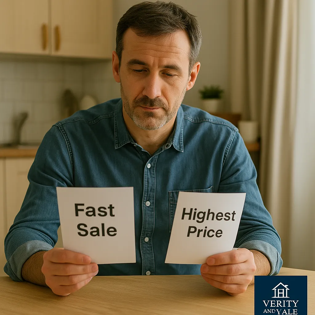 Texas homeowner reviewing two papers labeled “Fast Sale” and “Highest Price” at a kitchen table, deciding how to sell their home as-is.