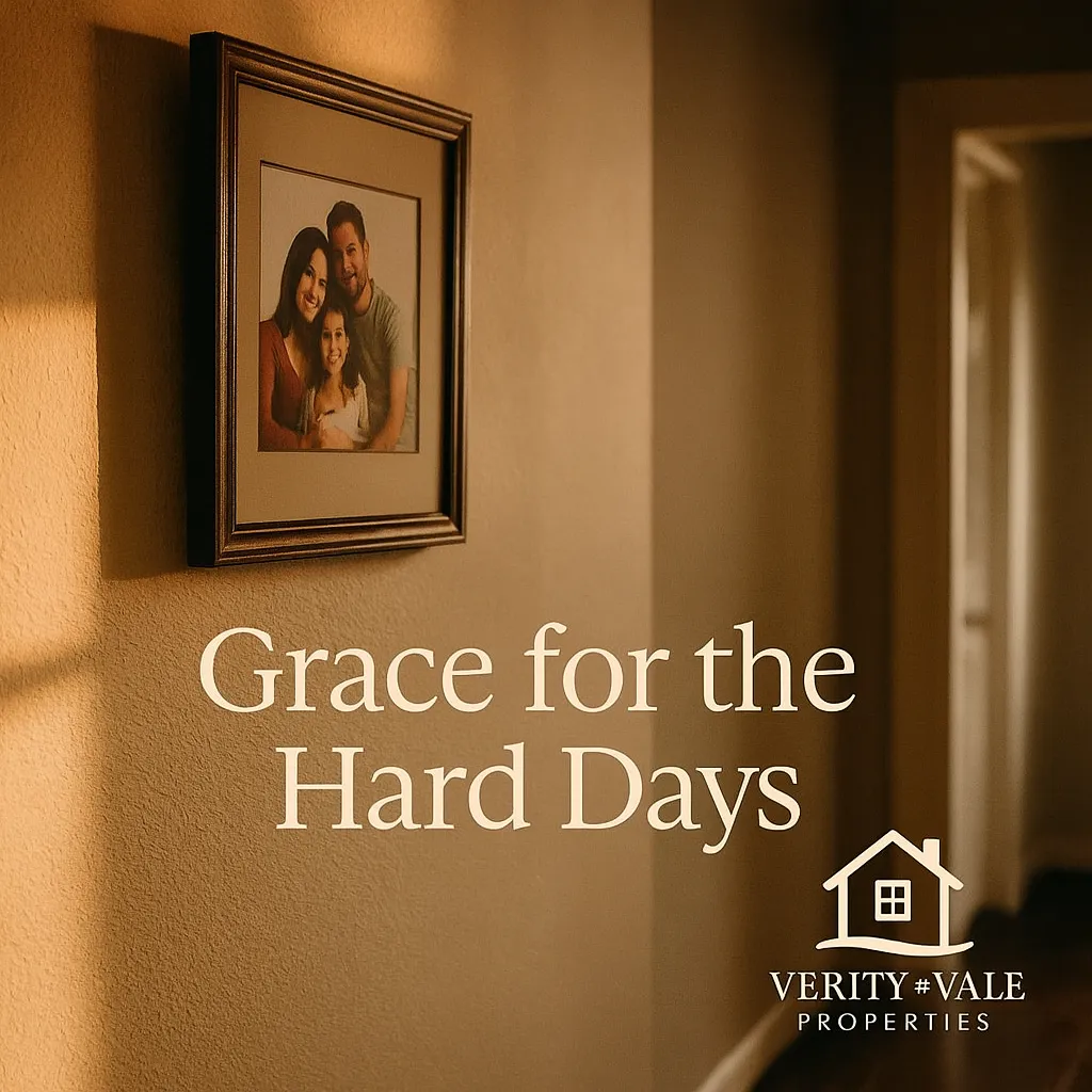 Soft afternoon light on hallway photo frame in Texas home, Verity and Vale Properties — emotional cue: gentle grief.