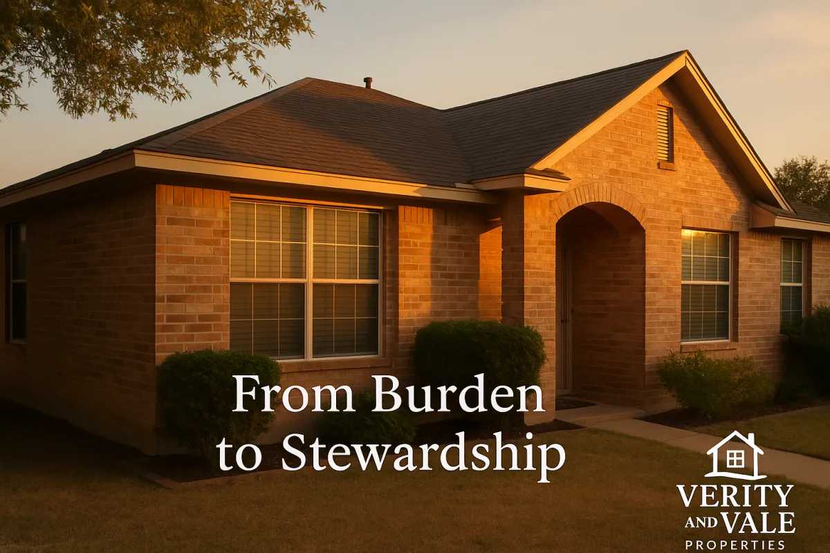 Texas home at golden hour signifying peace and responsibility — Verity and Vale Properties, gentle emotional cue