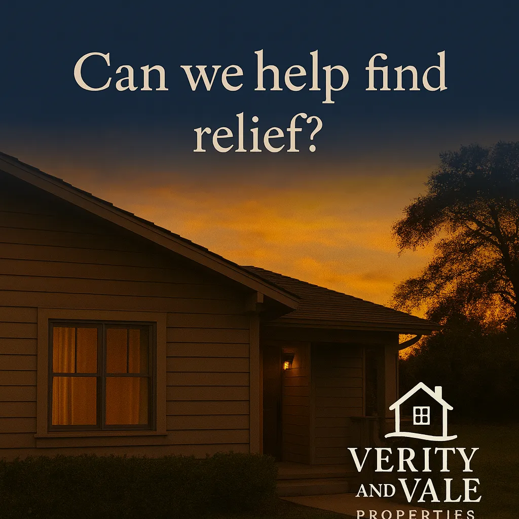 Verity and Vale Properties blog cover showing a Texas home at sunset, representing calm understanding and relief during pre-foreclosure.