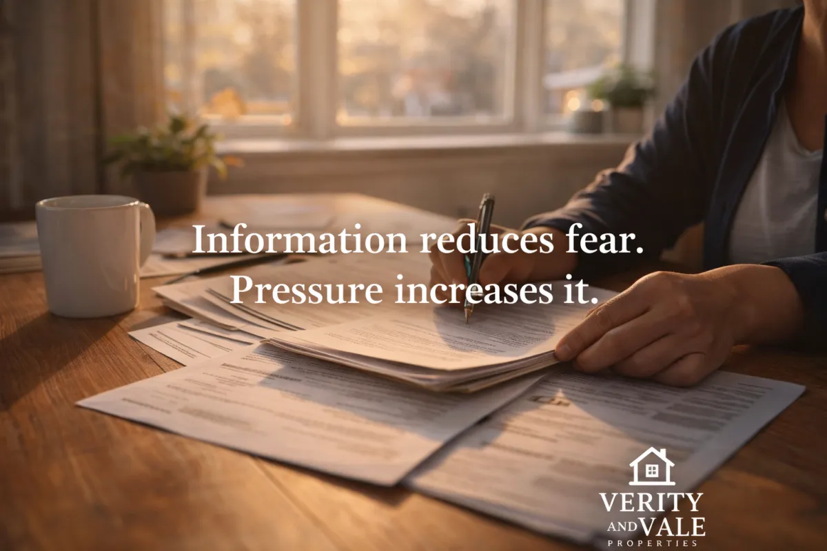 Homeowner sitting at a table in soft natural light, reflecting during a season of life change and home stress.