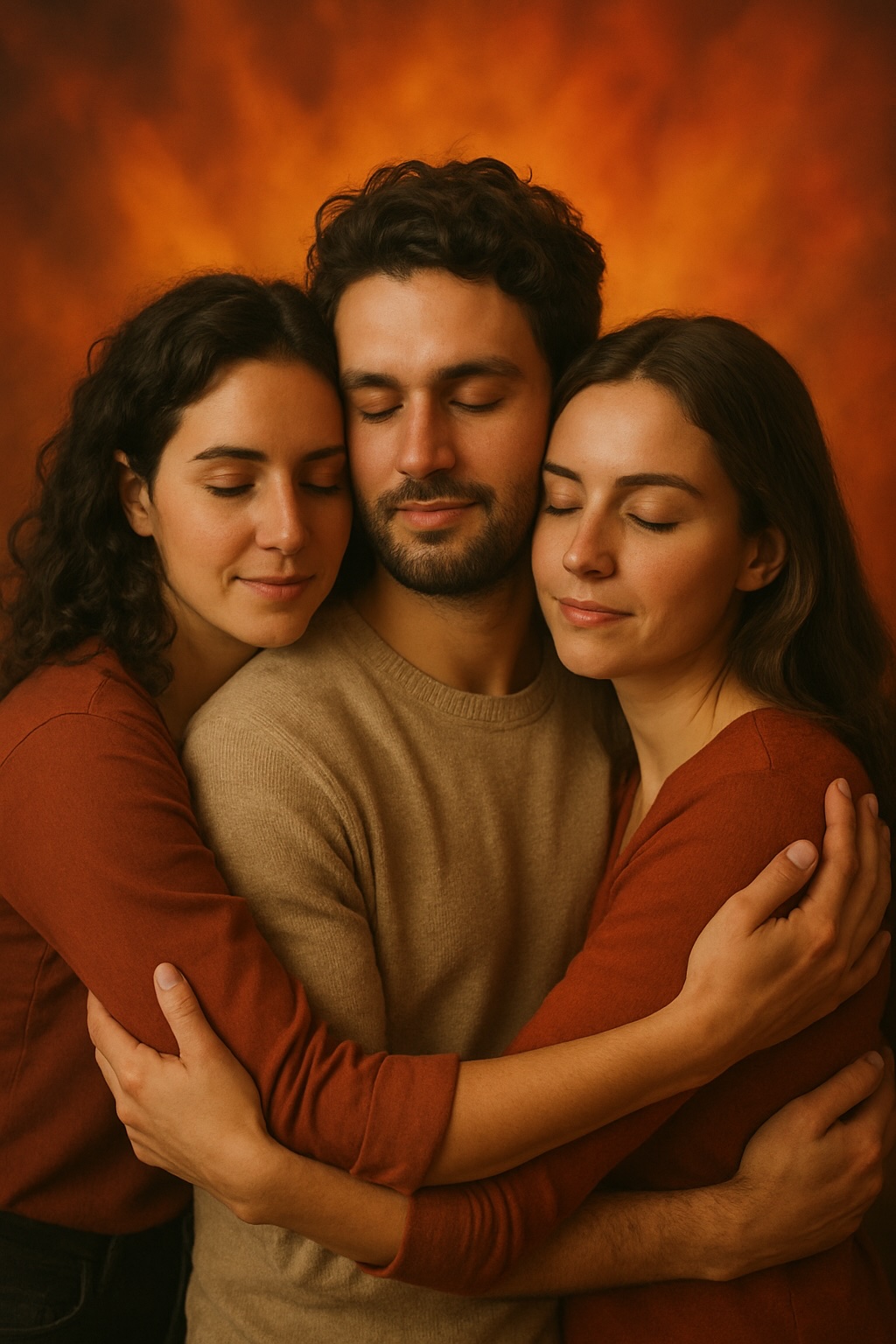 AI image of man and 2 woman forehead to forehead with fire back ground