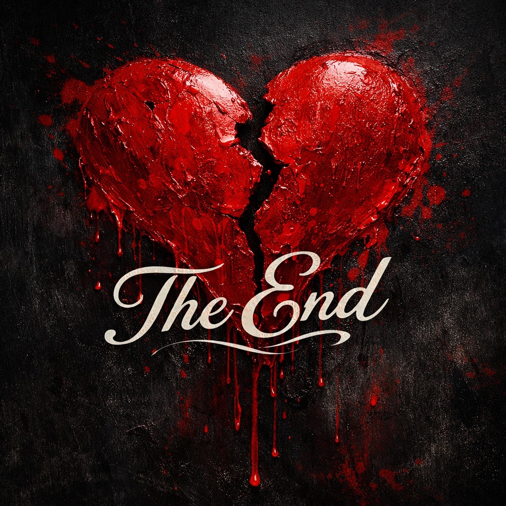 bloody broken heart with the words "The End" in whilte