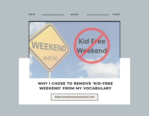 Illustration of a yellow road sign reading 'Weekend Ahead' against a blue sky with clouds. To the right, a red prohibition symbol overlays the words 'Kid Free Weekend,' implying a weekend with parenting responsibilities.