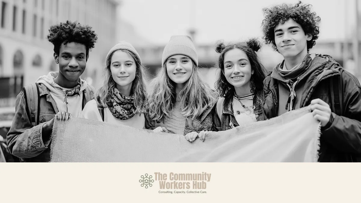A group of five young people stand closely together outdoors, smiling at the camera while holding a banner. The black-and-white image conveys youth leadership, collaboration, and collective action. The Community Workers Hub logo appears at the bottom of the image.