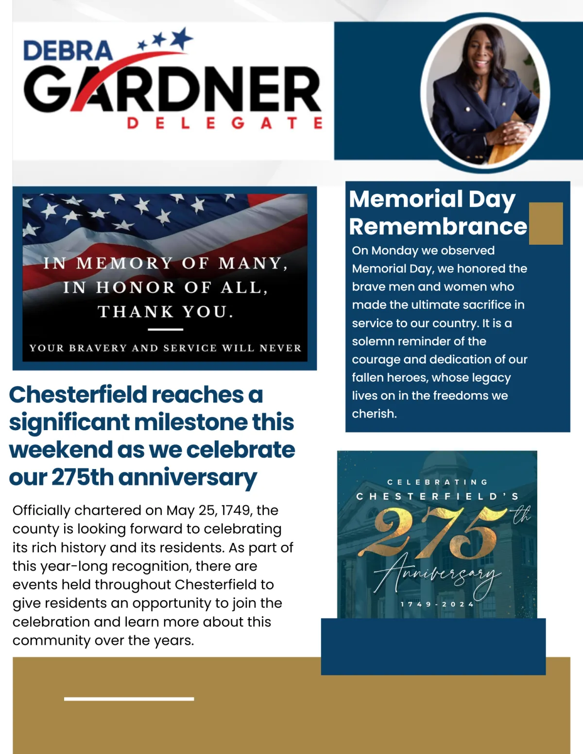 Debra Gardner commemorating Chesterfield's 275th anniversary and honoring Memorial Day with community events.