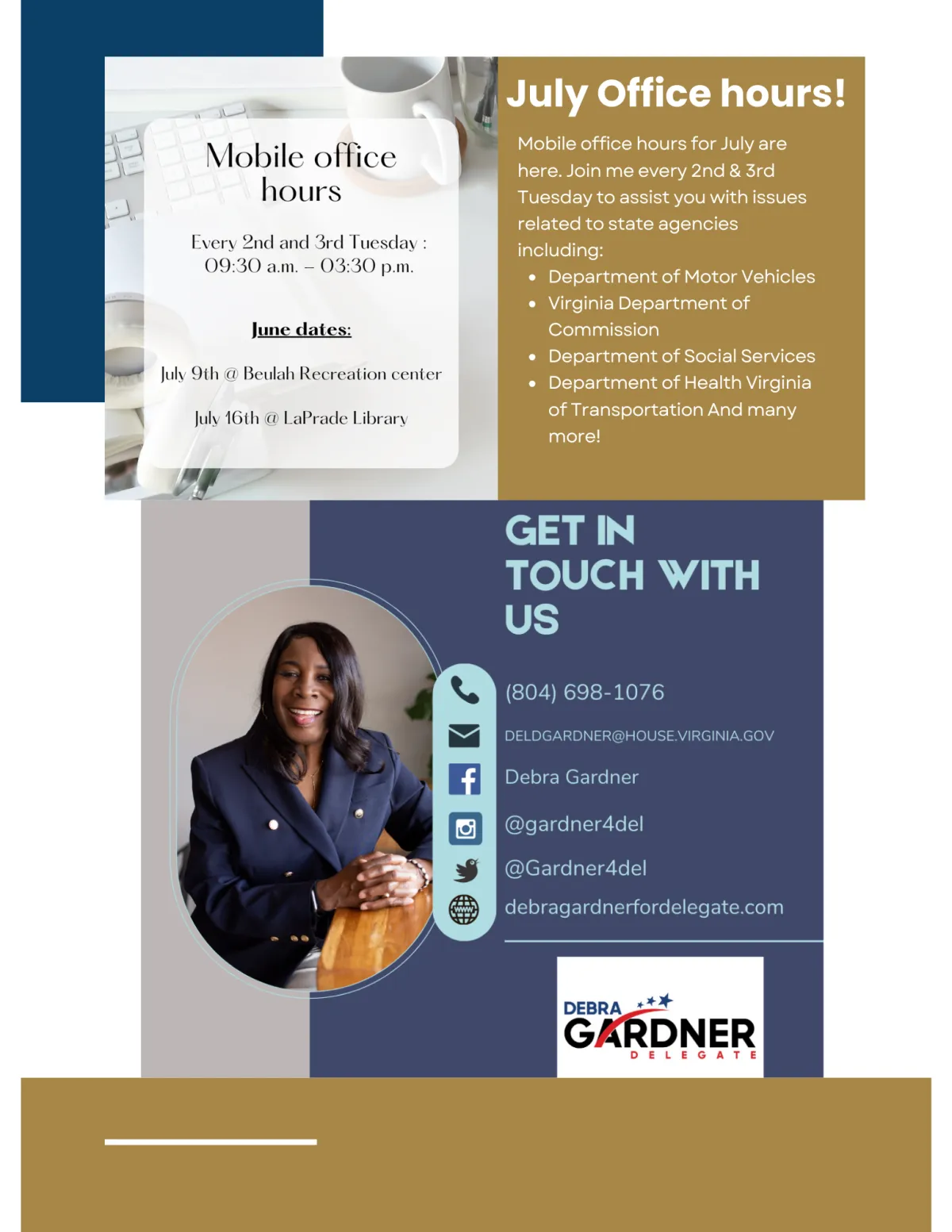 Debra Gardner hosting mobile office hours in July to assist residents with state agency issues.