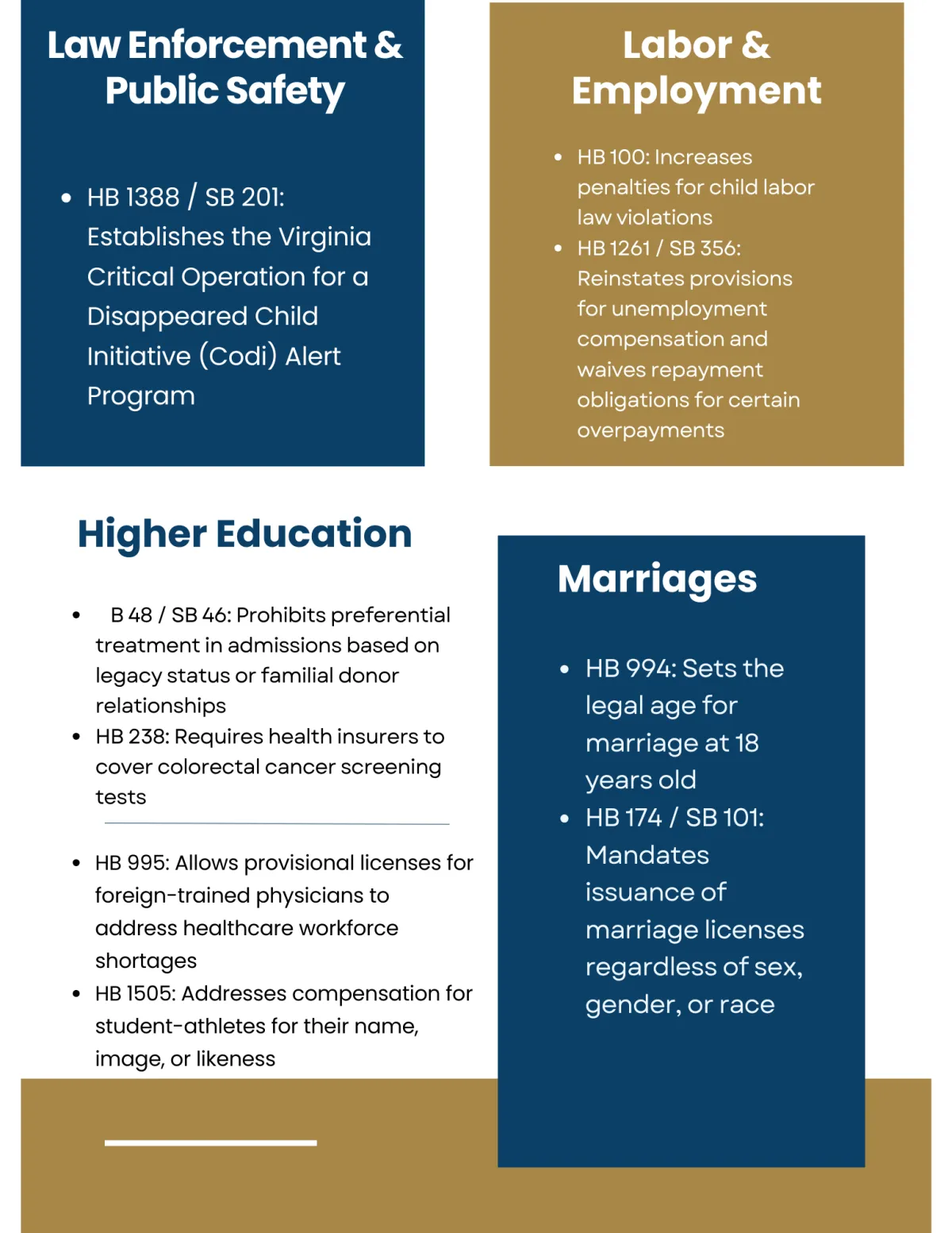 Summary of new Virginia laws for 2024 affecting public safety, labor, higher education, and marriages.