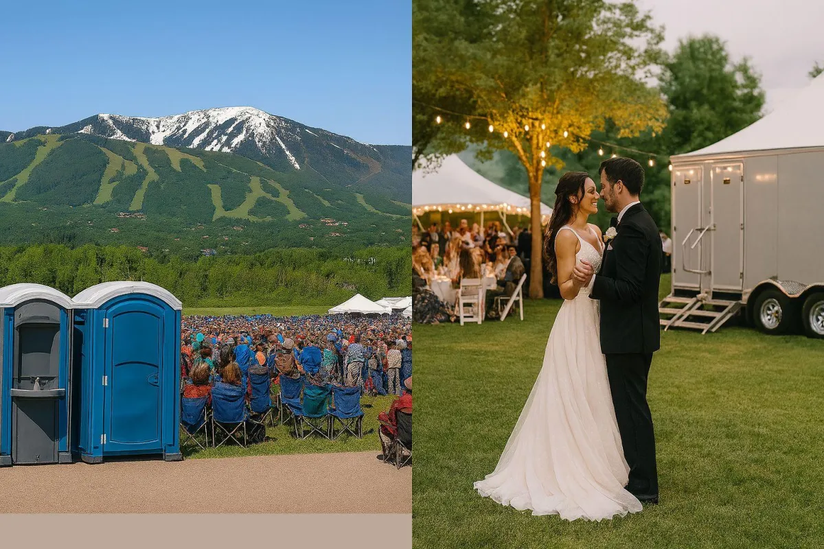 Side-by-side image showing blue porta potties at an outdoor Steamboat Springs music festival and a luxury portable restroom trailer at an upscale outdoor wedding