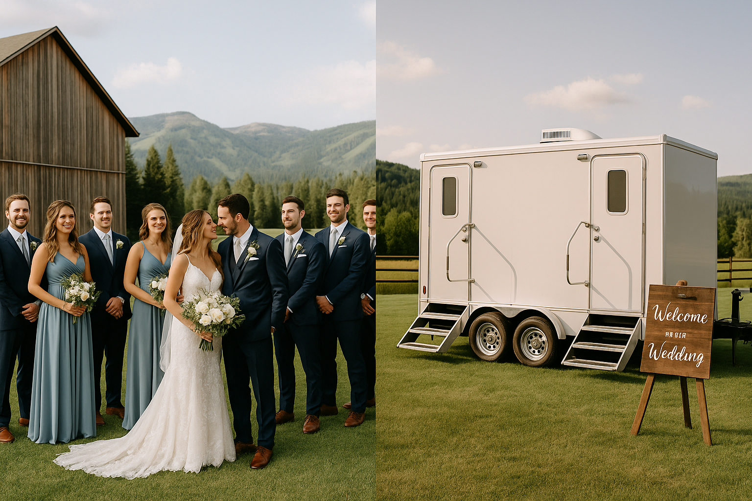 Luxury wedding restroom trailer at outdoor barn venue with bride and groom