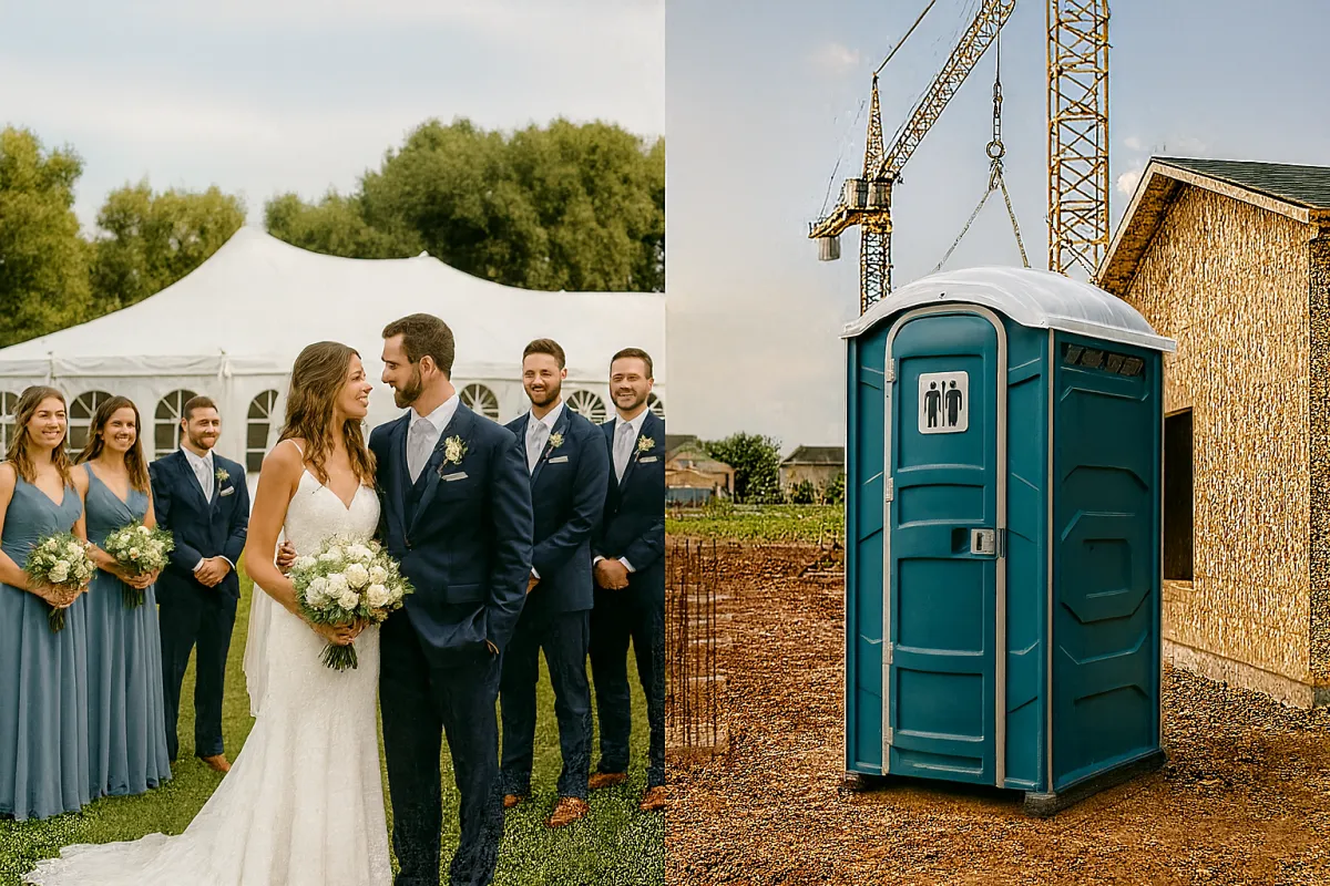 Split image showing a wedding in Fort Collins, Colorado with a white tent and bridal party on the left, and a green portable toilet at a construction site with a crane on the right