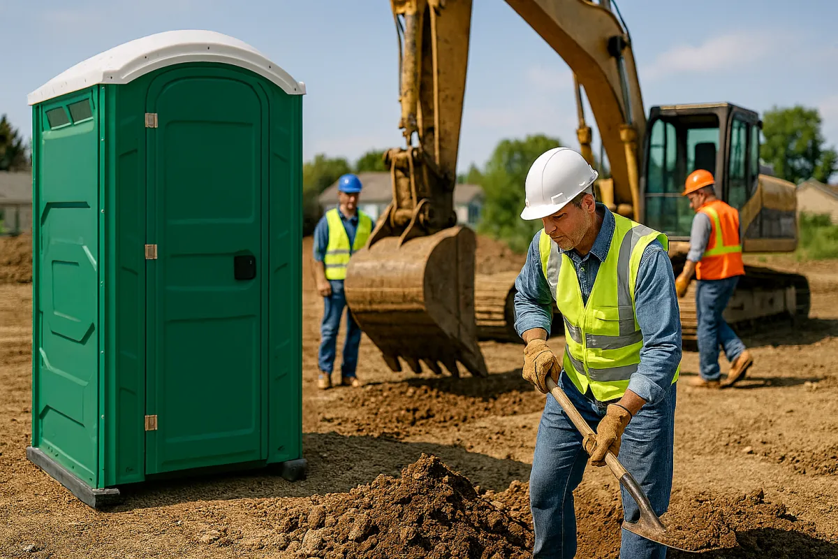 Construction site in Fort Collins, Colorado with two green portable toilets, workers in safety vests, heavy equipment, and the Rocky Mountain foothills in the background