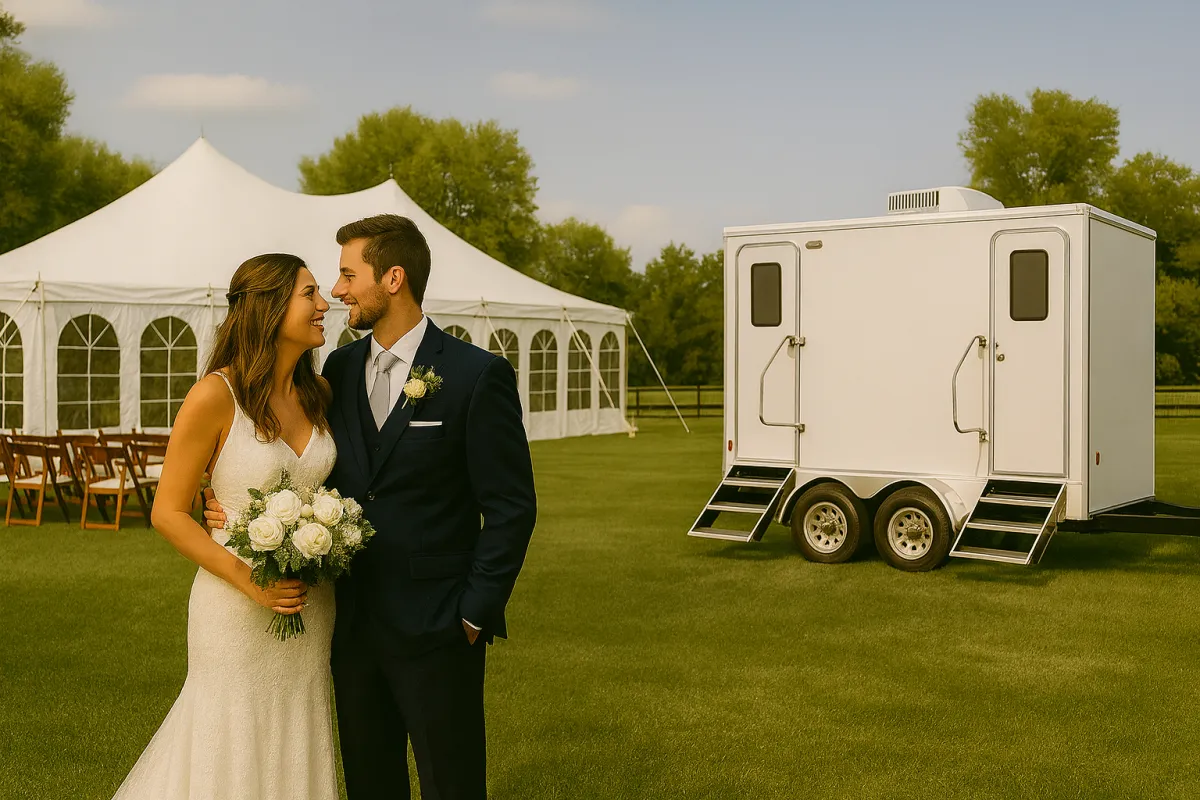 Elegant outdoor wedding in Fort Collins with white tents, mountains in the background, and a luxury portable restroom trailer discreetly placed at the venue