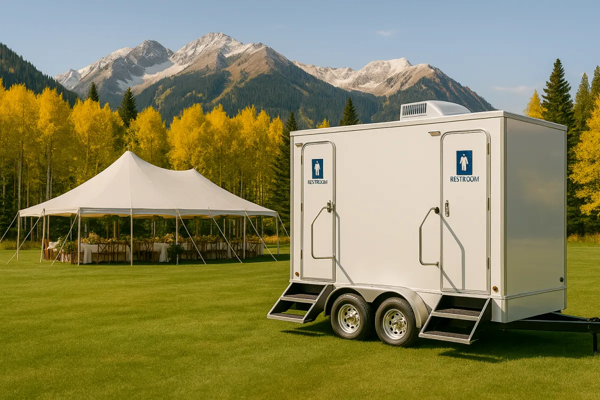 Luxury restroom trailer setup at an Aspen wedding with golden aspen trees and mountains in the background