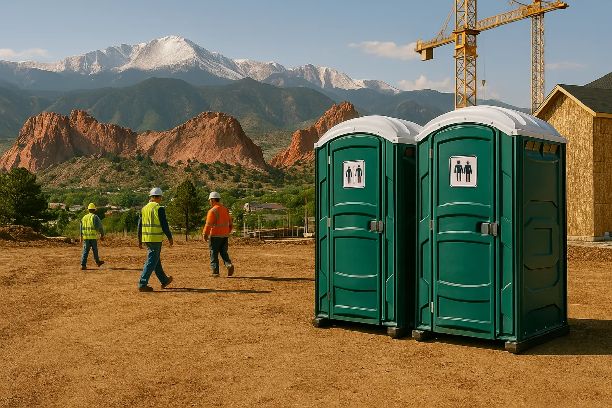 Construction site in Colorado Springs with portable toilets, workers, and Pikes Peak in the background