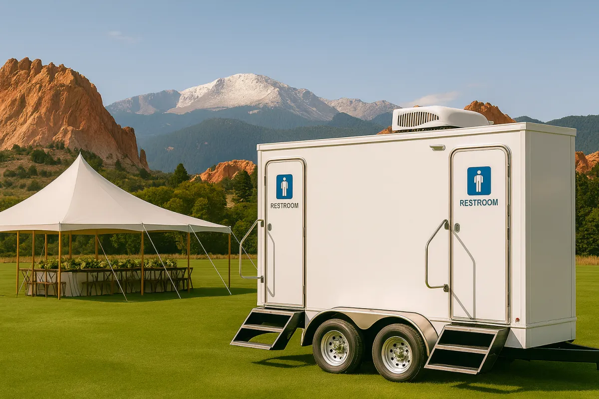 Luxury restroom trailer at an outdoor wedding in Colorado Springs with Garden of the Gods and Pikes Peak in the background