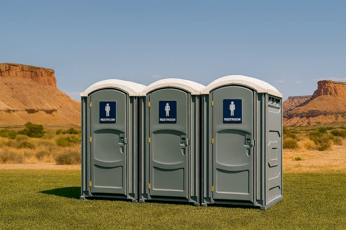 Three portable restrooms placed on a construction site in Grand Junction, Colorado with desert landscape in the background