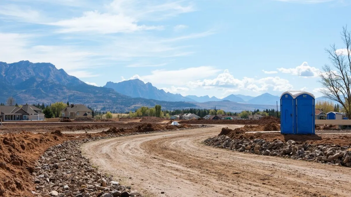 a blue porta potty at a residential Boulder construction site with a mountain range in the background