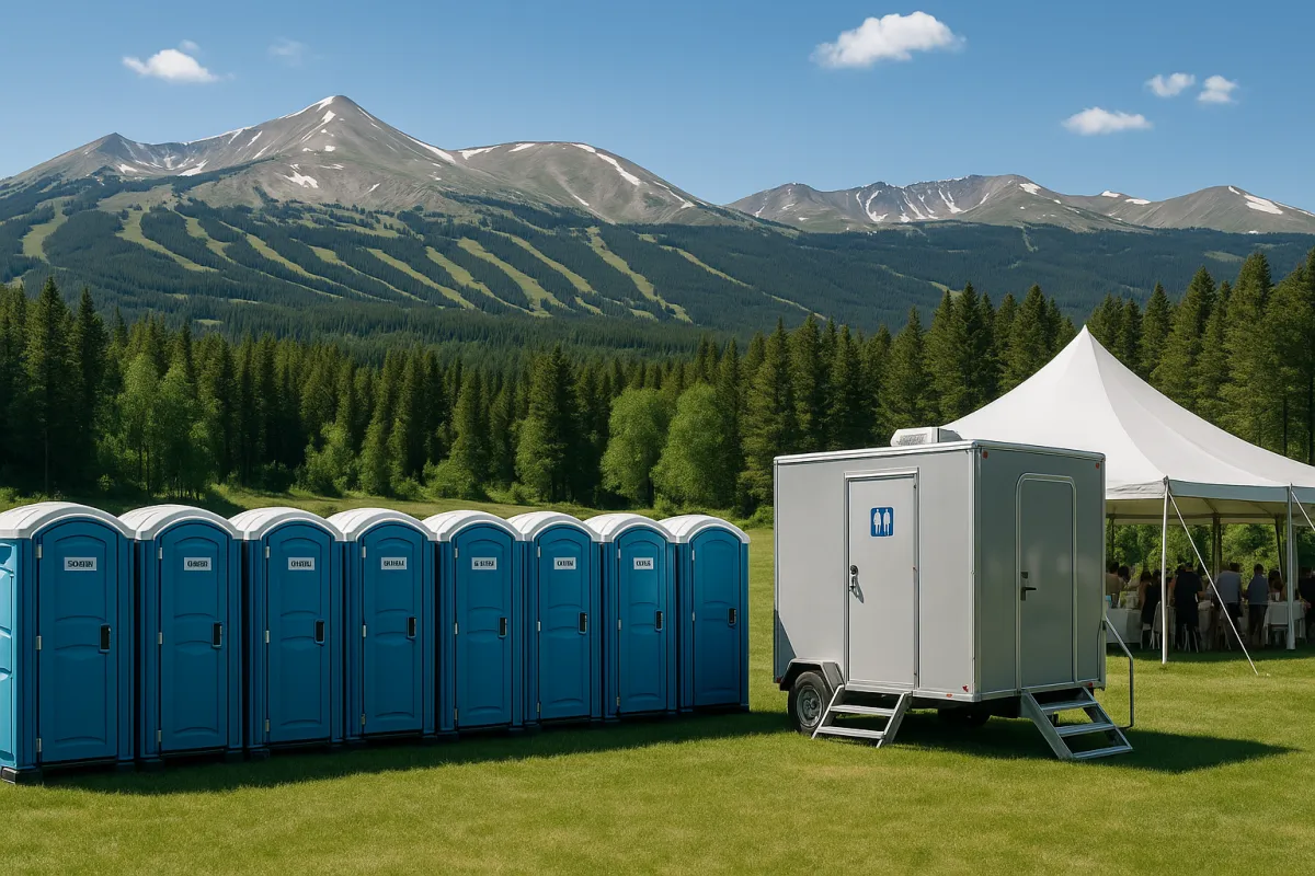 Portable restroom rentals with a restroom trailer at an outdoor event in Breckenridge, Colorado, with mountain backdrop