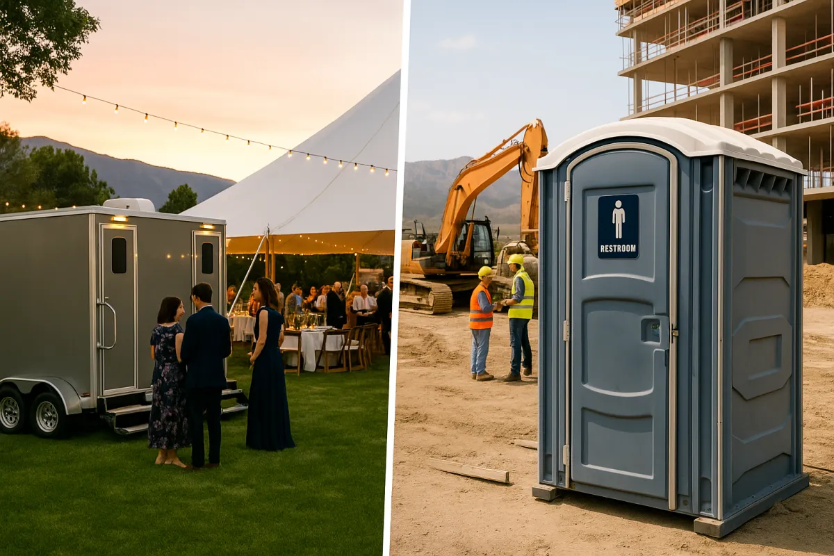 a split screen image showing an elegant wedding in evergreen colorado with a portable restroom trailer and an evergreen construction site on the right featuring a standard porta potty rental unit