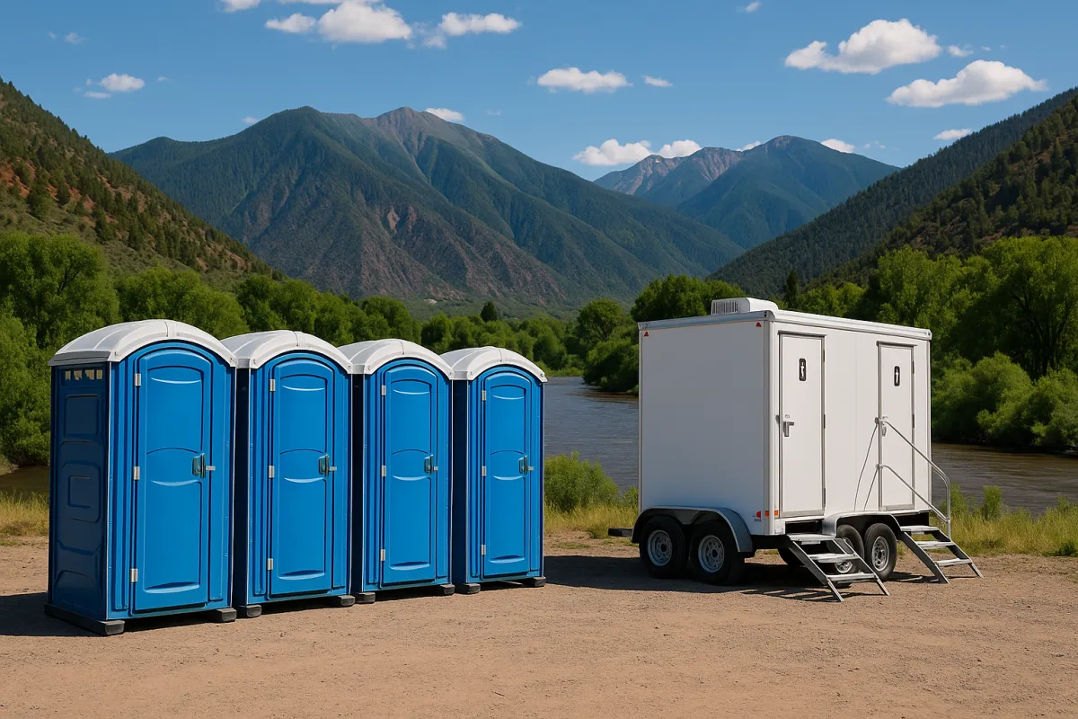 Portable toilet rentals in Glenwood Springs with mountain and river scenery
