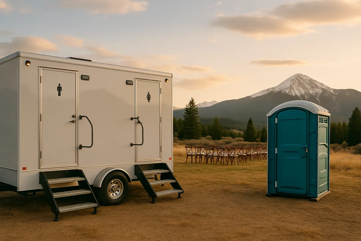 Colorado outdoor event scene with a luxury restroom trailer and a construction porta potty set against mountain terrain, showing portable restroom options for events and job sites