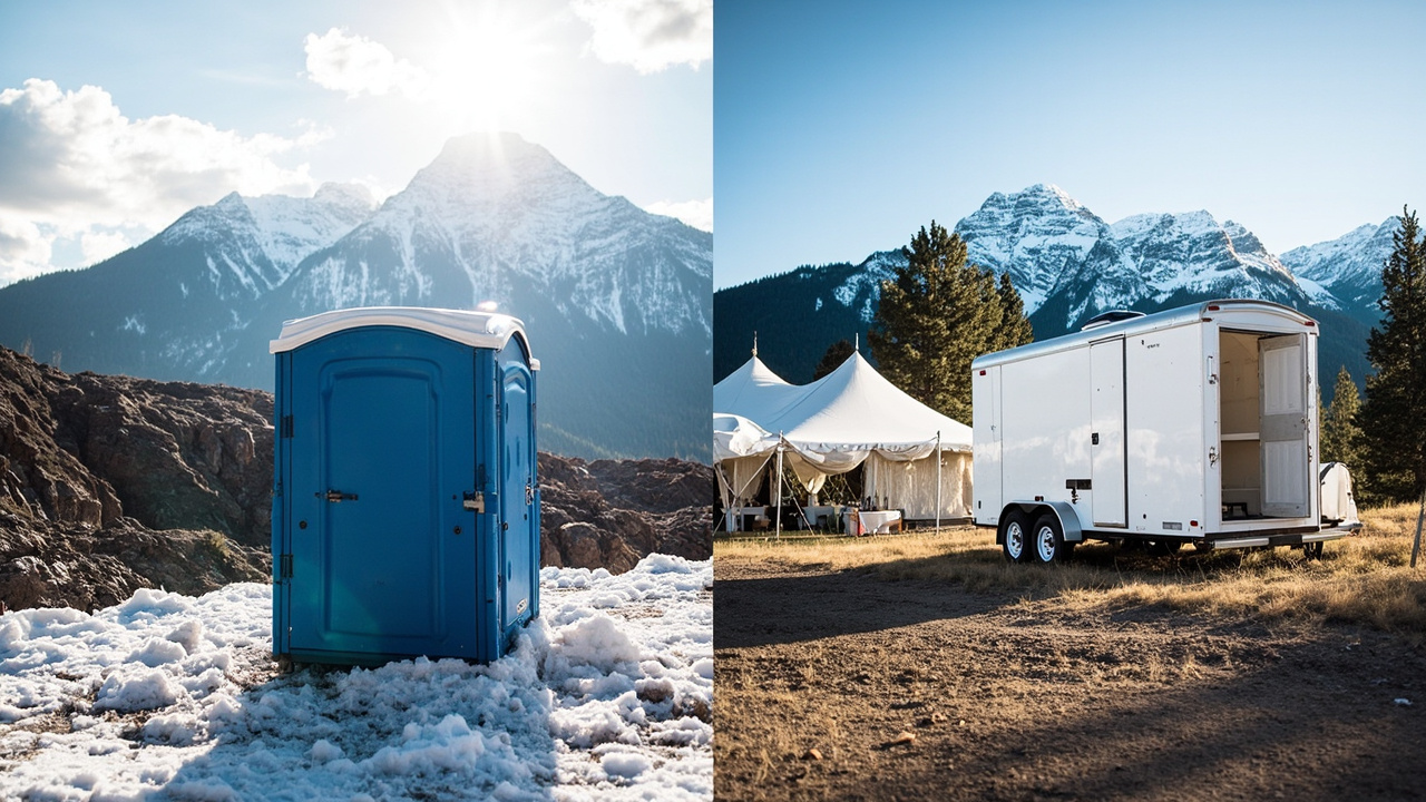 Winter porta potty and heated restroom trailer in a snowy Colorado mountain setting, used to compare cold-weather sanitation options