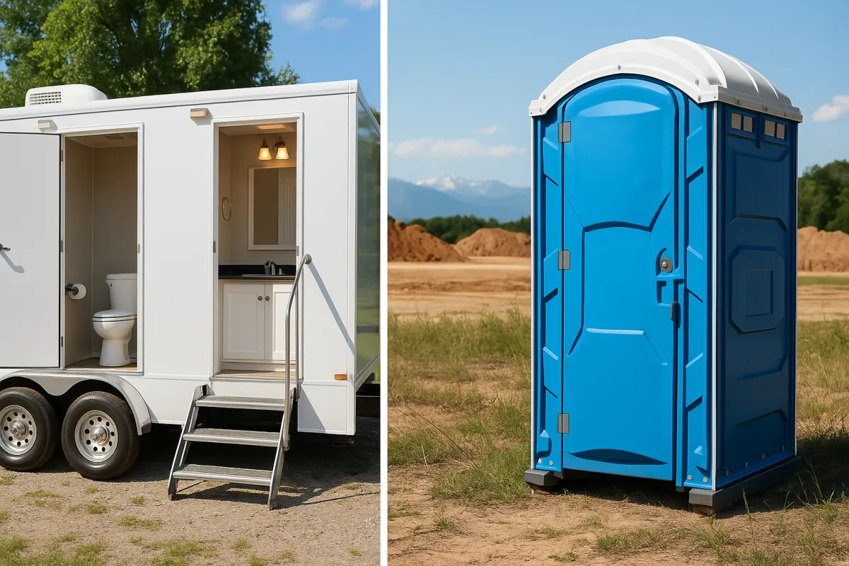 Side-by-side comparison of a luxury restroom trailer and a standard blue porta potty on a Colorado construction site with mountains in the background
