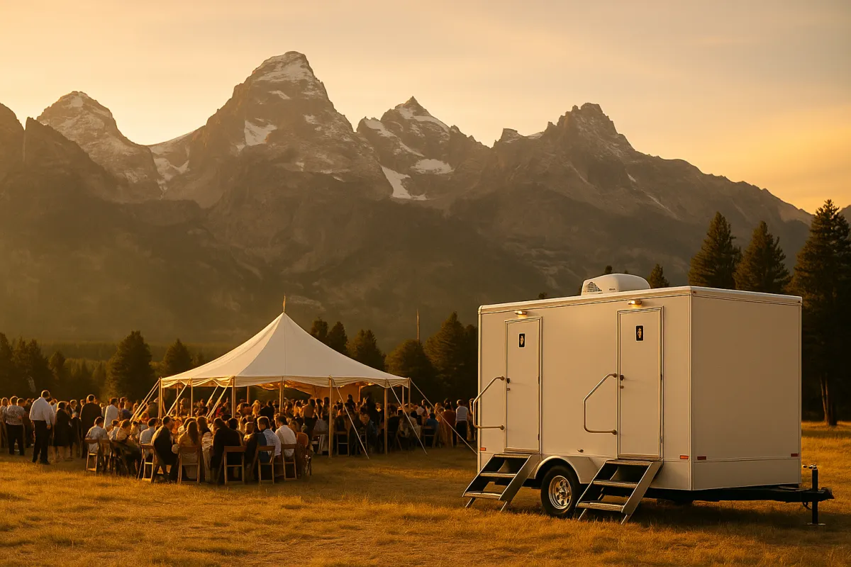 Luxury restroom trailer positioned near a tented outdoor wedding event in Colorado with mountain peaks in the background during warm golden sunset.