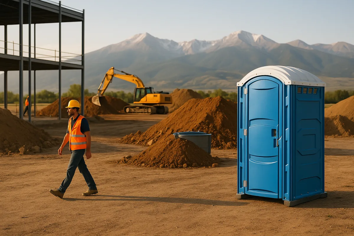 Construction workers on a clean Colorado jobsite with a blue porta potty in the foreground and mountain peaks in the background