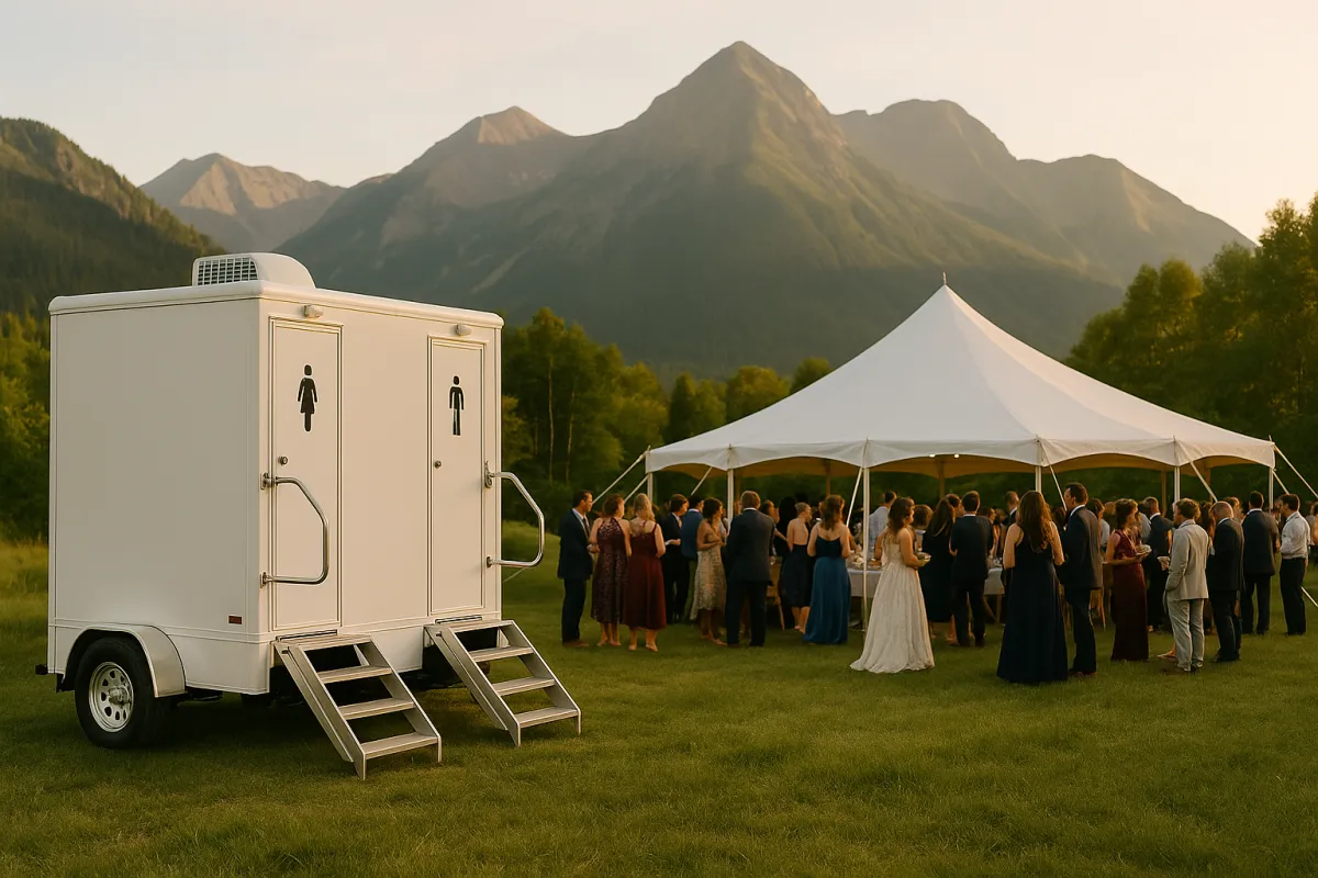 Luxury white restroom trailer beside a Colorado mountain wedding reception tent with guests mingling at golden hour.