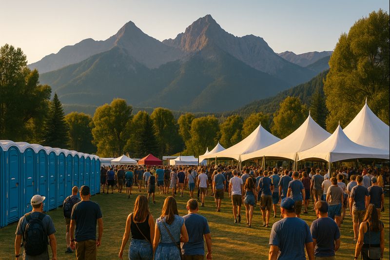 Outdoor Colorado festival with attendees walking toward white event tents, portable toilets lined on the left, and mountain peaks in the background at golden hour
