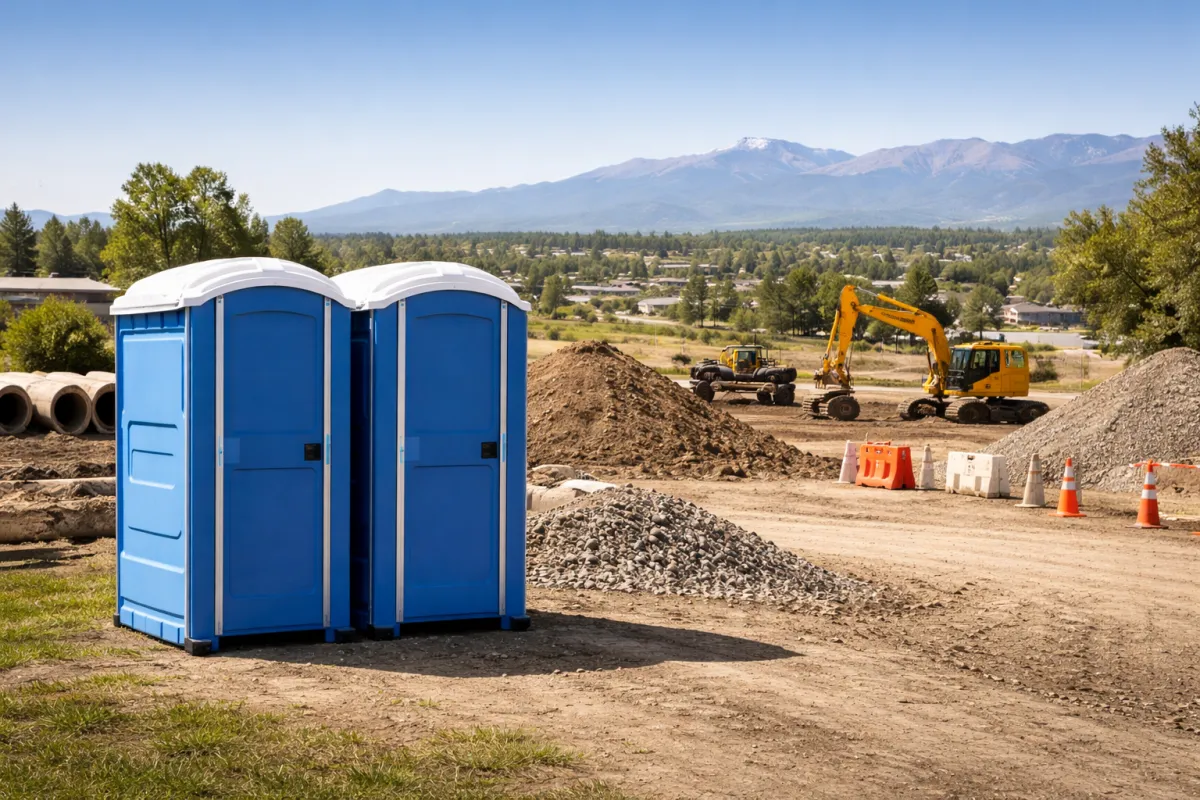 Construction porta potty rental at an active job site in Arvada, Colorado