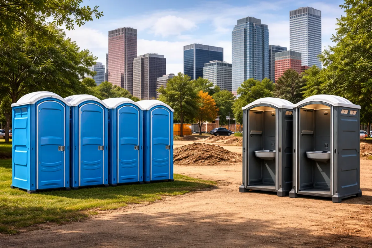 Porta potty rental in Denver, Colorado showing standard and deluxe portable toilets near the city skyline