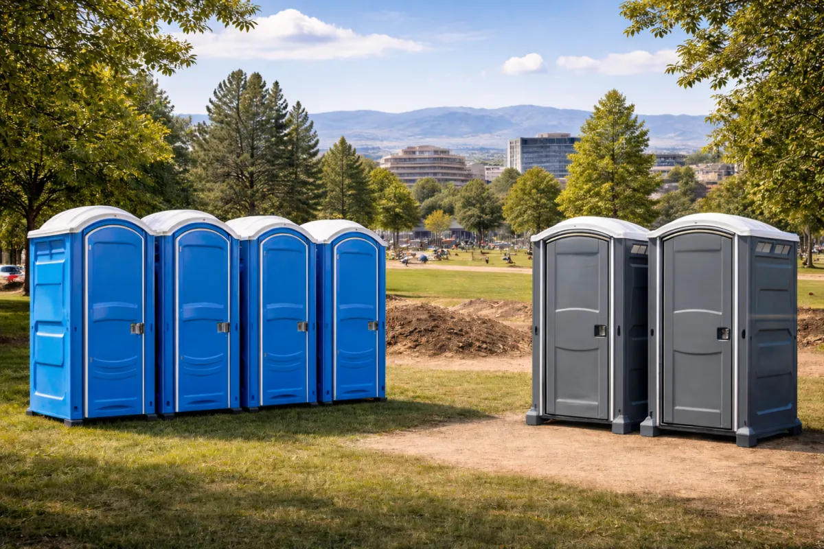 Porta potty rentals in Centennial, Colorado with standard and event-style portable toilets in a suburban outdoor setting