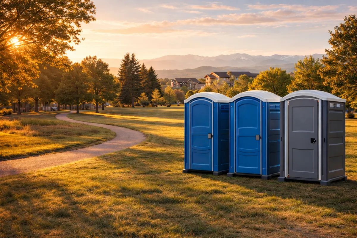 Porta potty rental in Parker, Colorado with standard and event-style portable toilets at a community park during golden hour