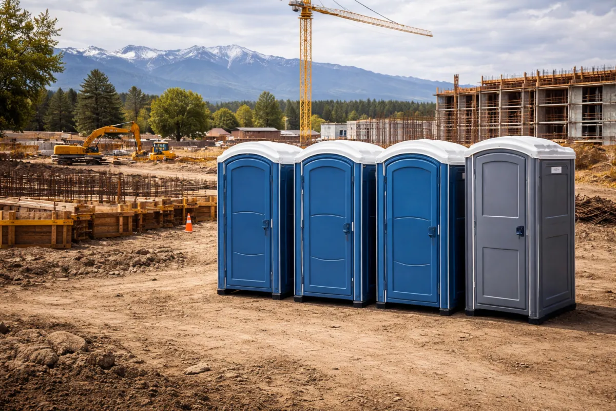 Construction porta potty rentals on an active Colorado job site with mountain backdrop