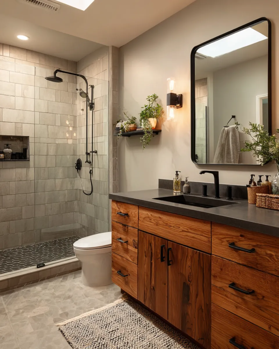 Bathroom renovation with dual vanity sinks, marble countertop, and modern wall-mounted lighting