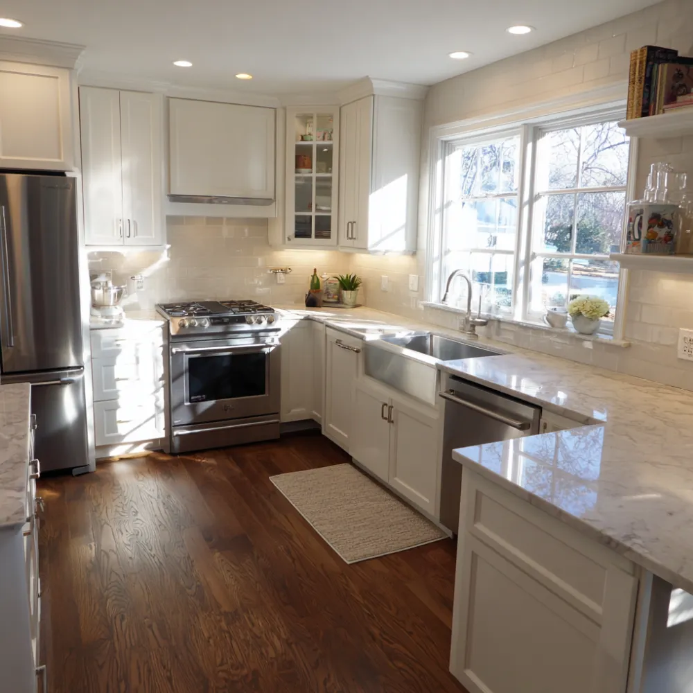 Bright kitchen remodel featuring white shaker cabinets, apron-front farmhouse sink, and marble countertops