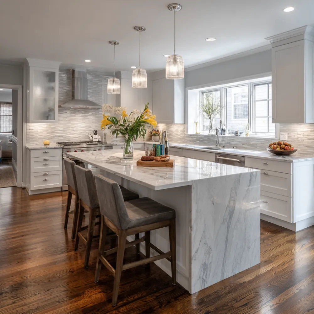 Spacious open-concept kitchen renovation with white cabinetry, island seating, and warm lighting