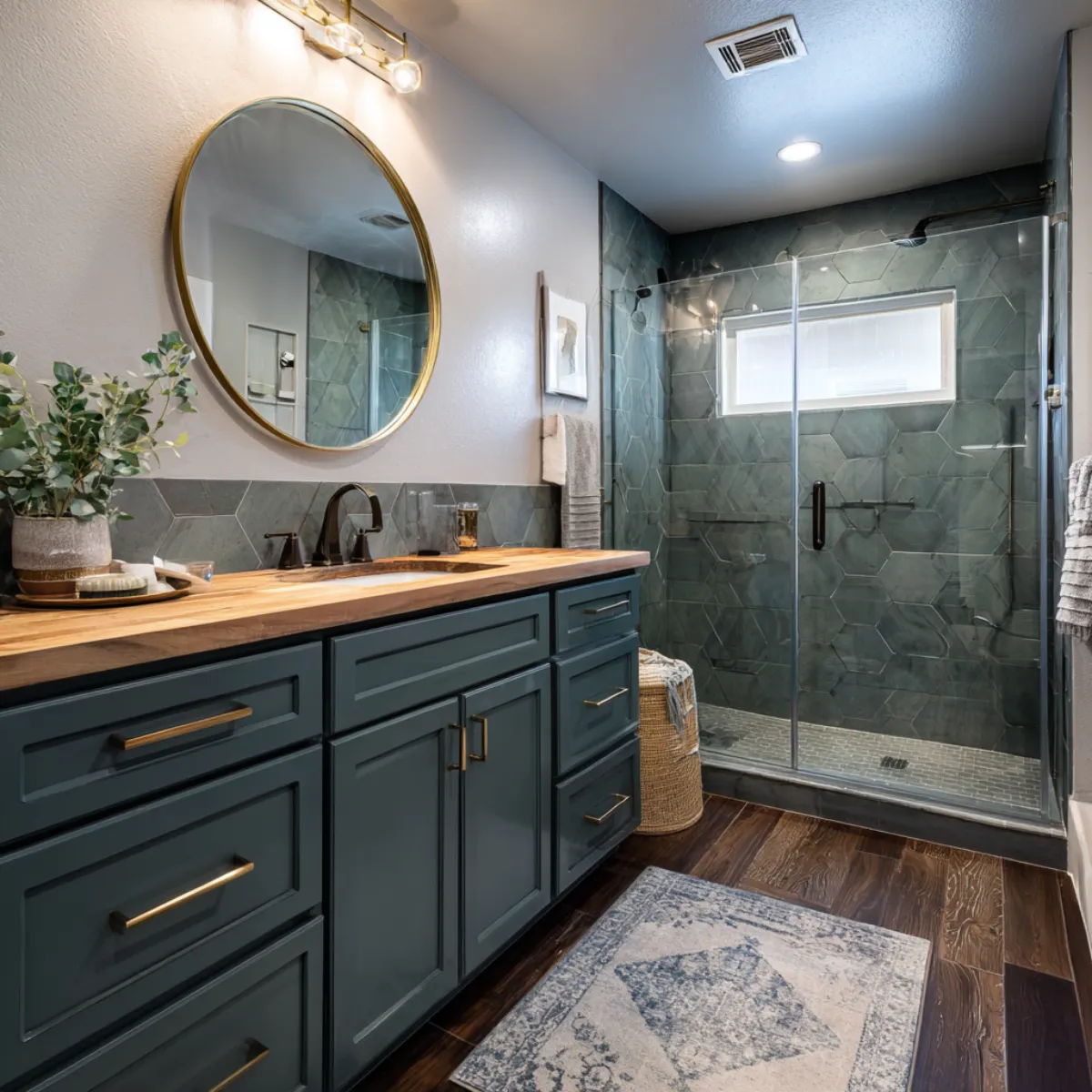 Custom bathroom renovation with tiled walk-in shower and rustic wood vanity with black sink