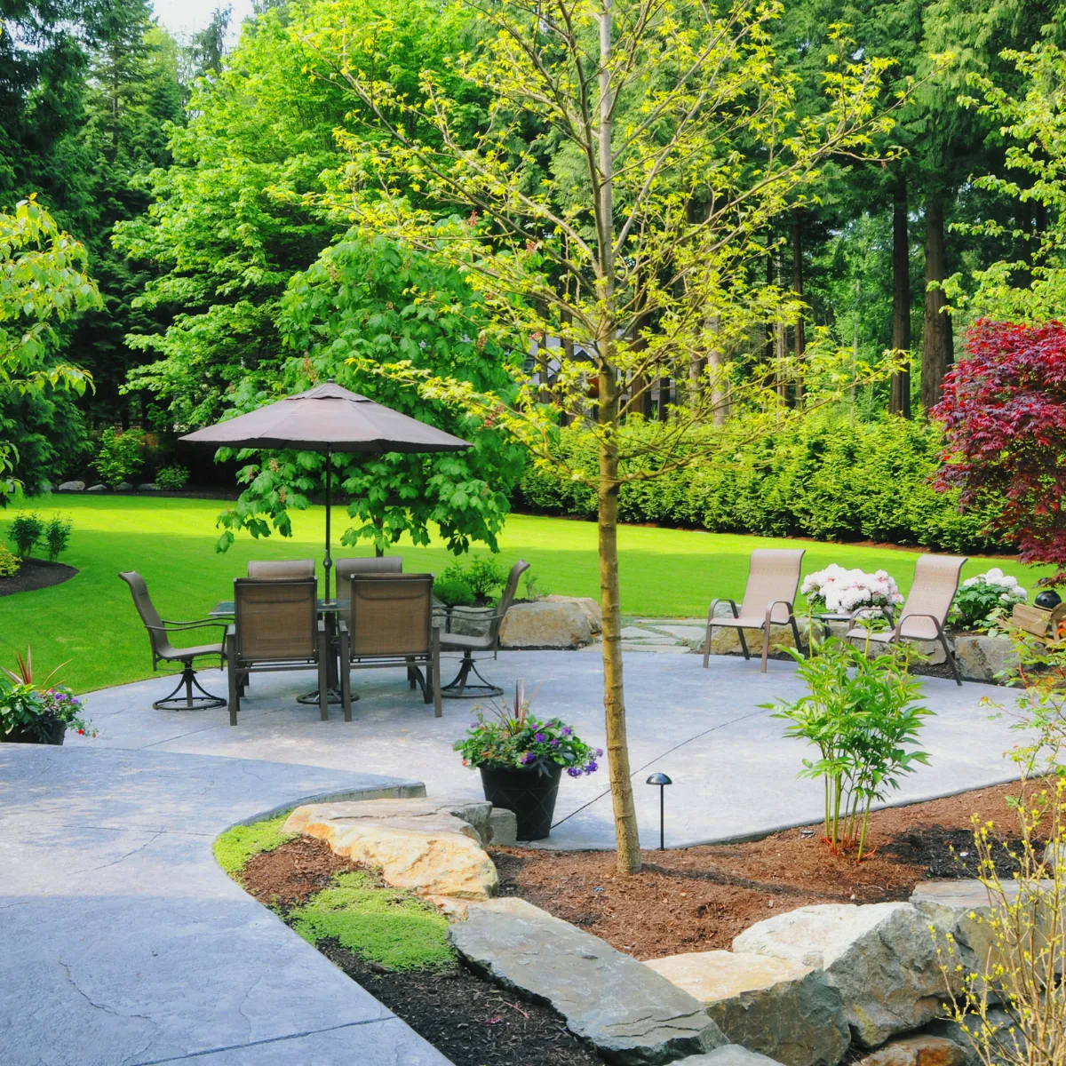 Hardscape patio installation with seating area, landscaping, and shade structure for outdoor living