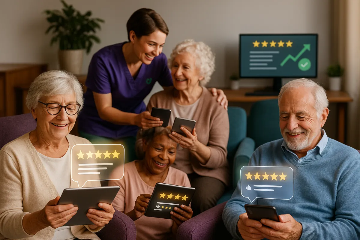 Elderly care home residents and staff sharing positive reviews on digital devices, with a live reputation dashboard in the background—illustrating Dryv-AI’s technology helping care providers build trust and increase reputation online.