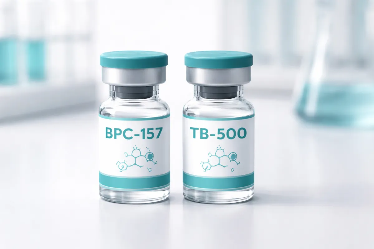 BPC-157 and TB-500 peptide vials representing the Wolverine Stack for injury healing