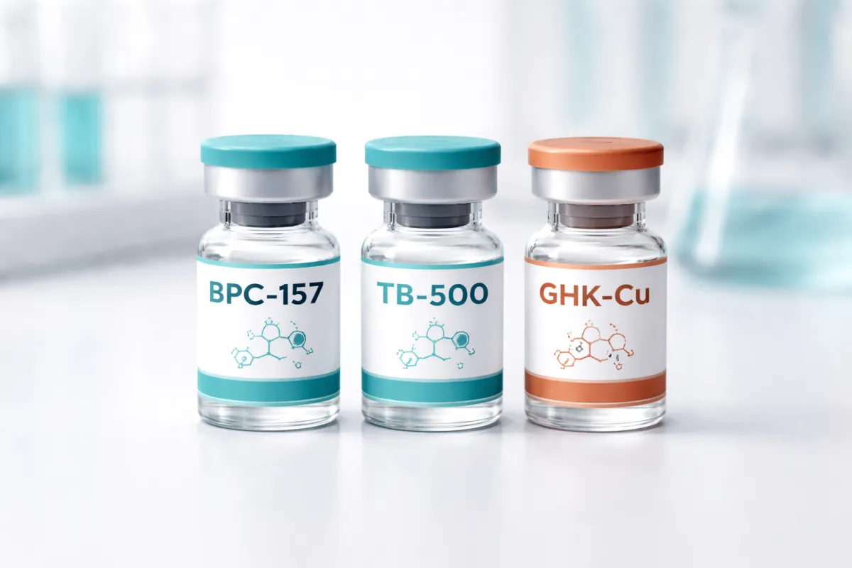 GLOW Stack peptide vials BPC-157 TB-500 GHK-Cu for tissue regeneration