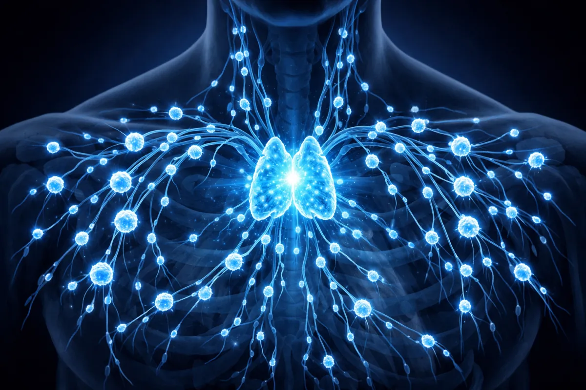 Thymosin Alpha-1 immune peptide illustration showing thymus gland and T-cell activation