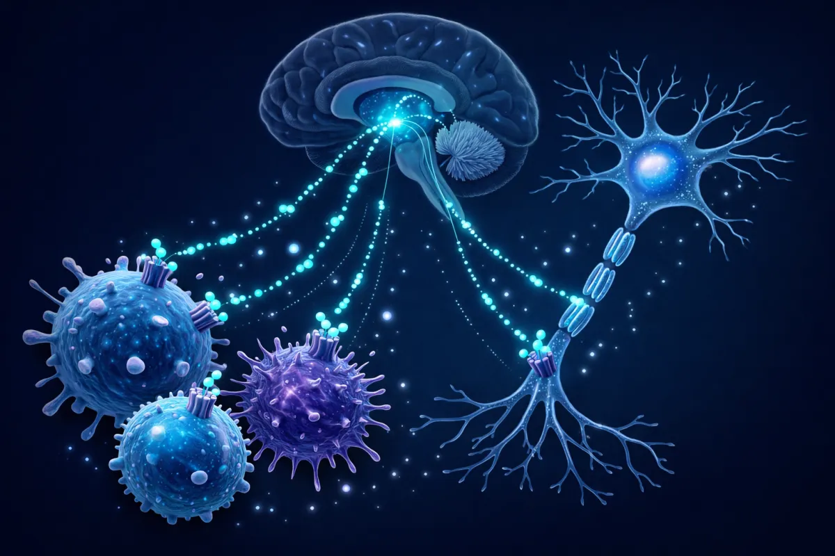 Medical illustration showing the pineal gland producing circadian signals with Pinealon peptide molecules supporting cellular function, representing the bioregulator approach to sleep and circadian rhythm restoration
