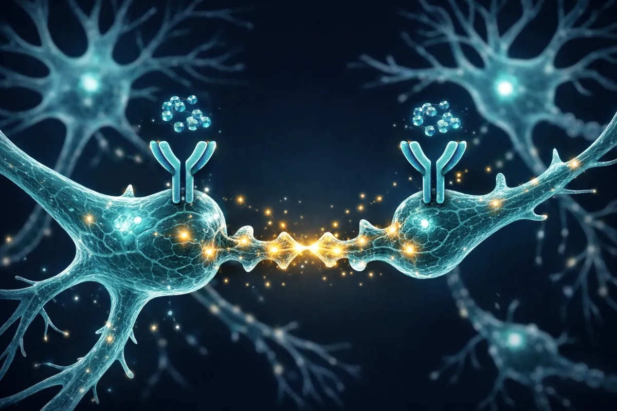 Medical illustration showing Dihexa activating HGF/c-Met receptors on neurons to promote synaptogenesis and new neural connections for cognitive enhancement